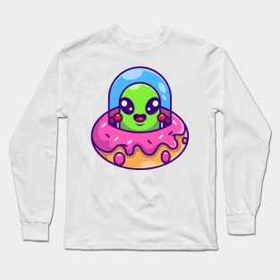 Cute alien flying with spaceship ufo doughnut cartoon Long Sleeve T-Shirt